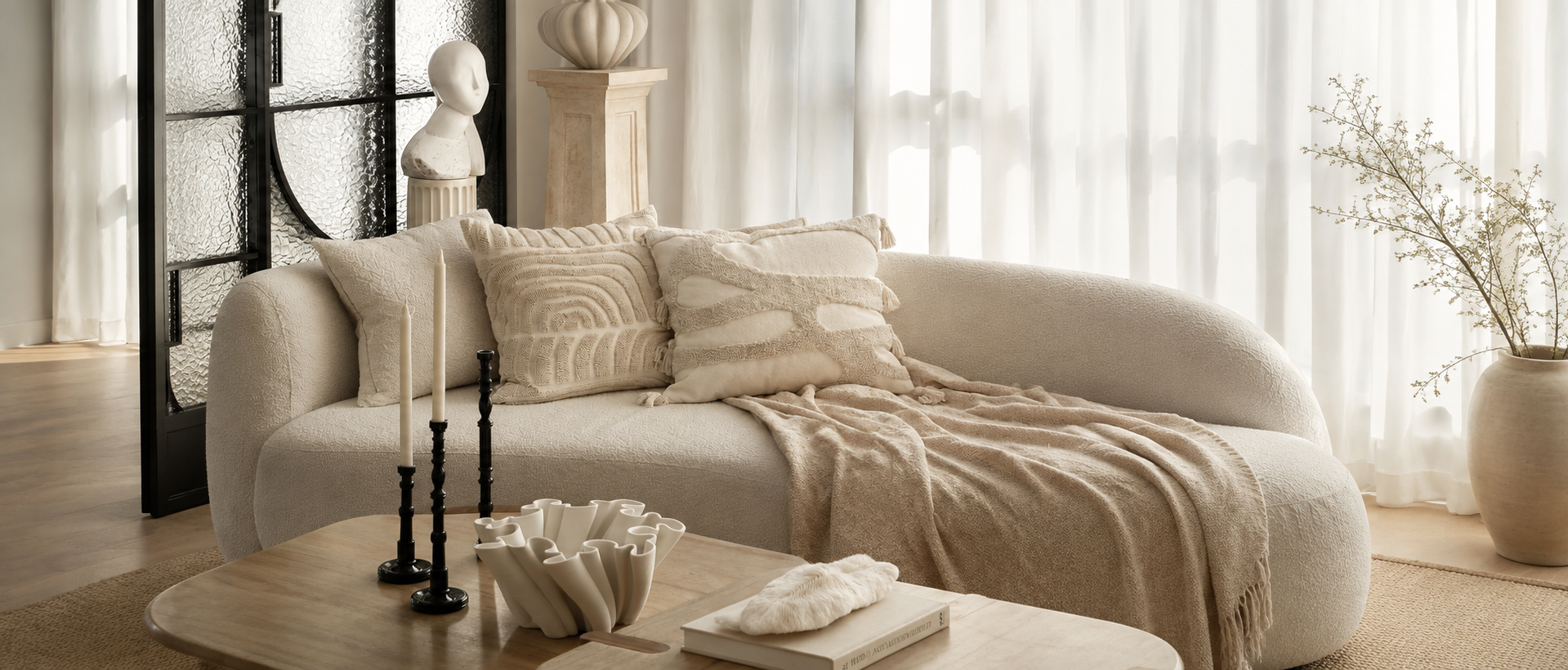 Layered soft furnishings in a relaxed interior